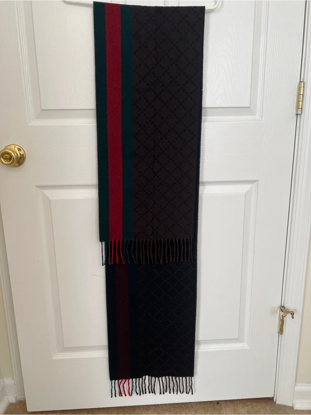 Gucci Brown Monogram Scarf with Red & Green Stripes